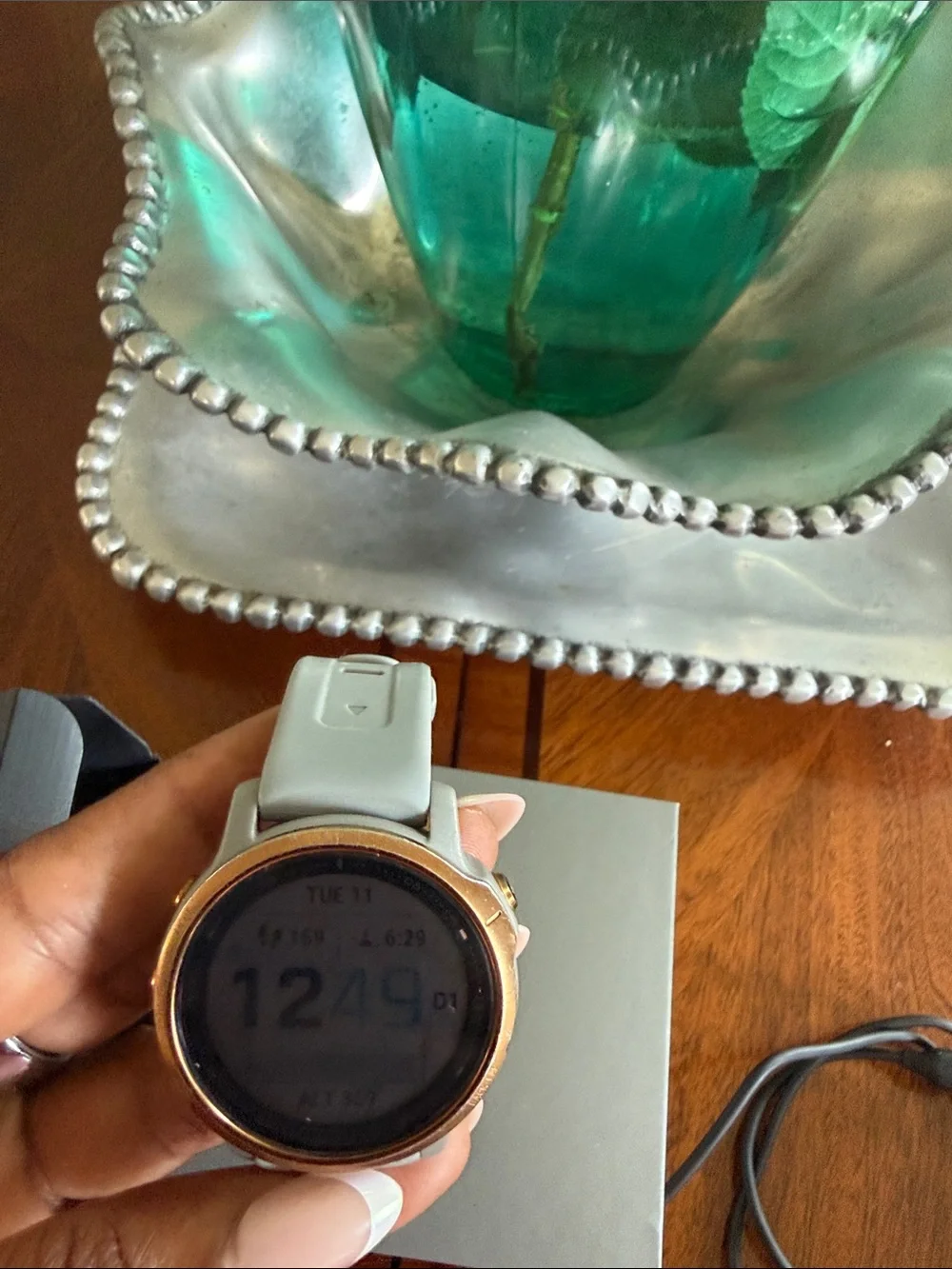 garmin Fenix 6S smartwatch blue/grey band with rose gold bezel